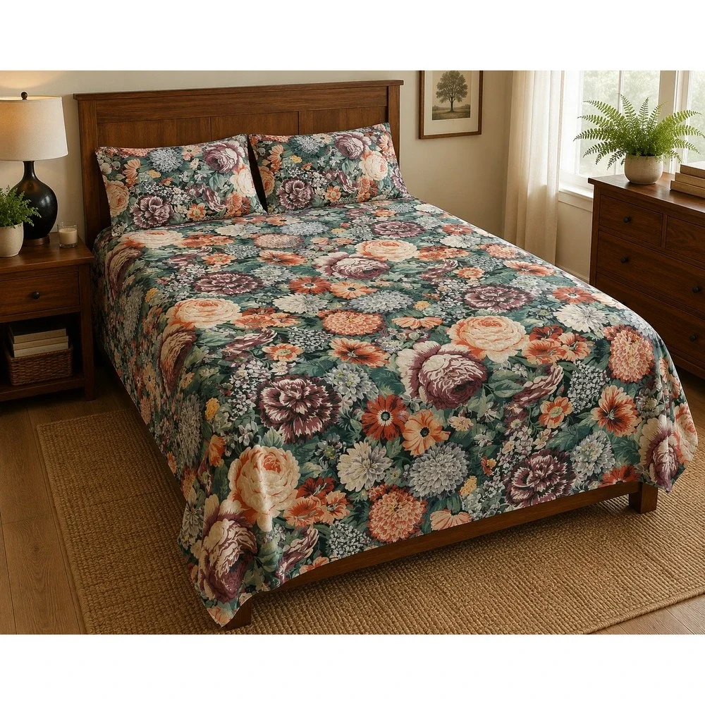 Vintage Lady Pepperell Queen Flat Sheet 2 Pillowcases Floral Cottagecore 90s vtg